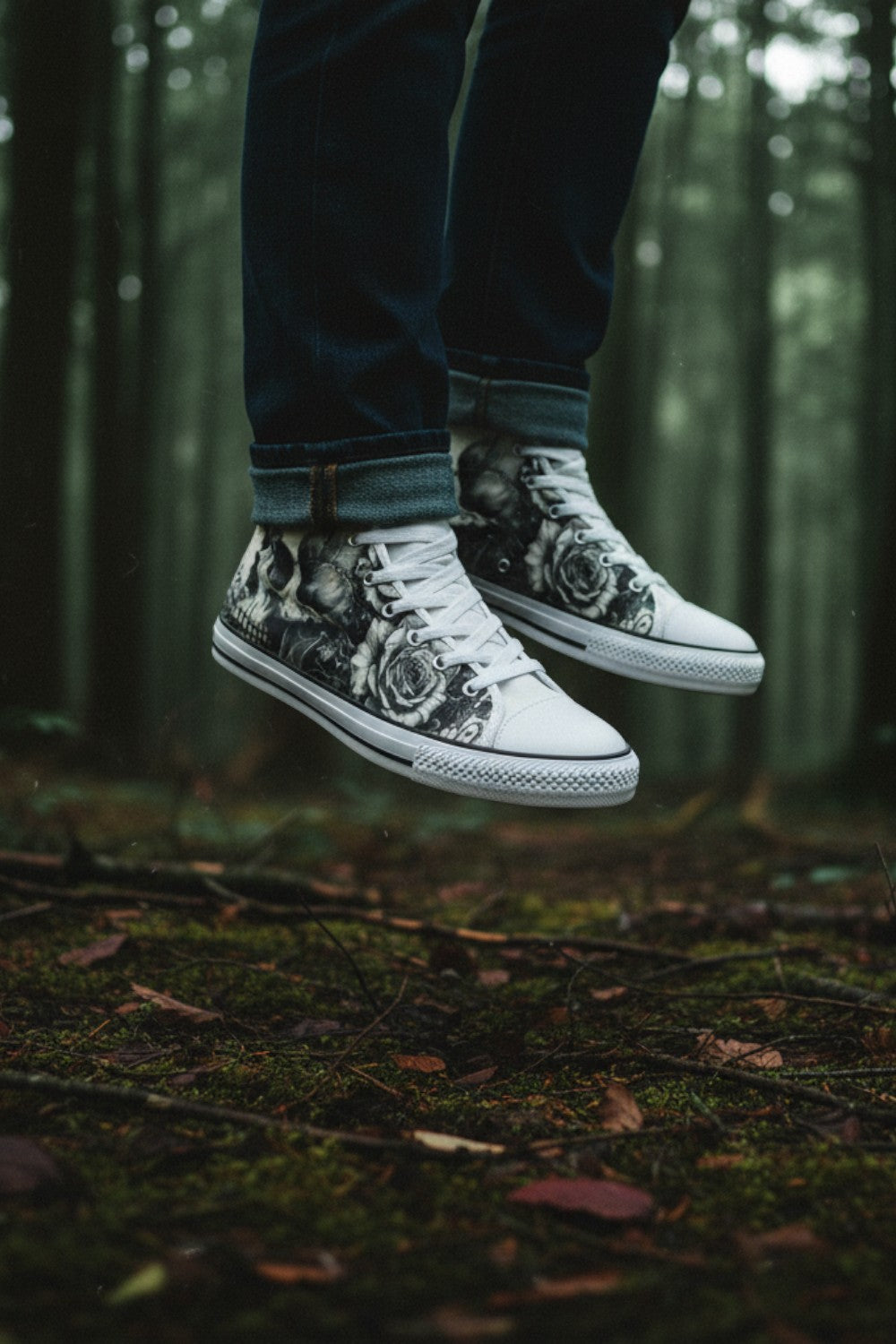 Freaky Shoes® grey rose and skull print high top canvas sneakers worn in a dark, misty forest setting.