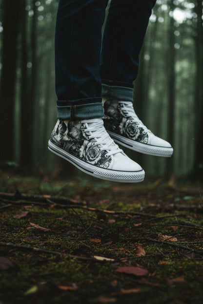 Freaky Shoes® grey rose and skull print high top canvas sneakers worn in a dark, misty forest setting.