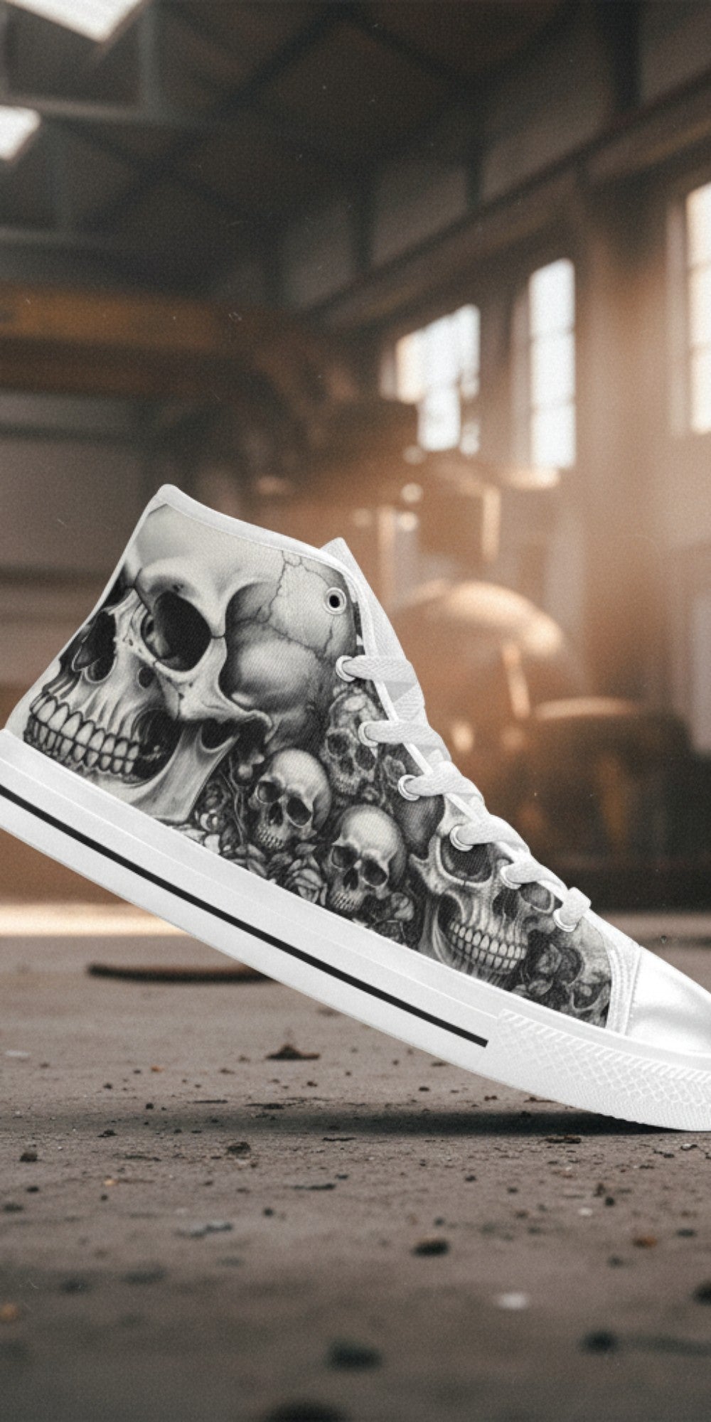 Men's Grey Skull Gothic Dark Art high-top canvas shoes, custom full-wrap printed design — Freaky Shoes