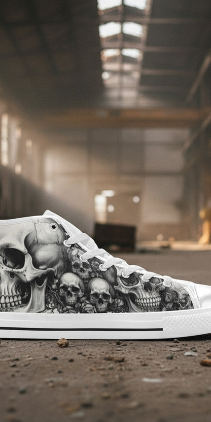 Custom Men's Grey Skull Gothic Dark Art high-top canvas shoes with bold all-over art — Freaky Shoes