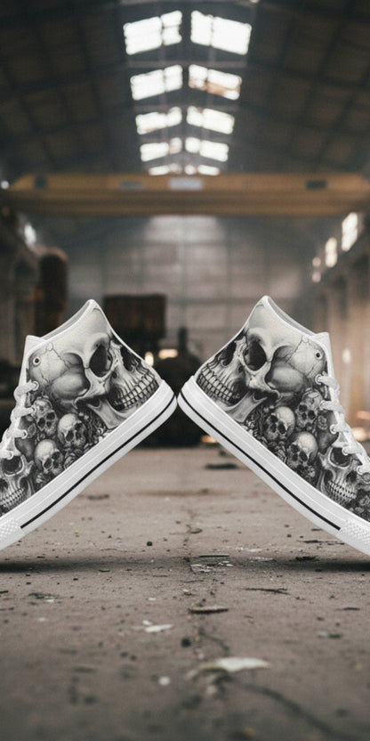 Men's Grey Skull Gothic Dark Art hand-made high-top canvas shoes — unique wearable art by Freaky Shoes