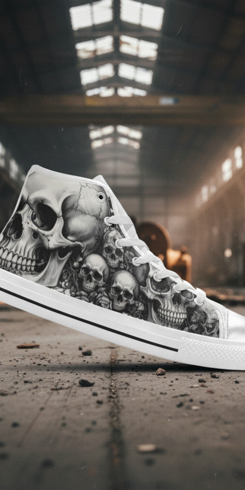 Men's Grey Skull Gothic Dark Art high-top canvas shoes, custom full-wrap printed design — Freaky Shoes
