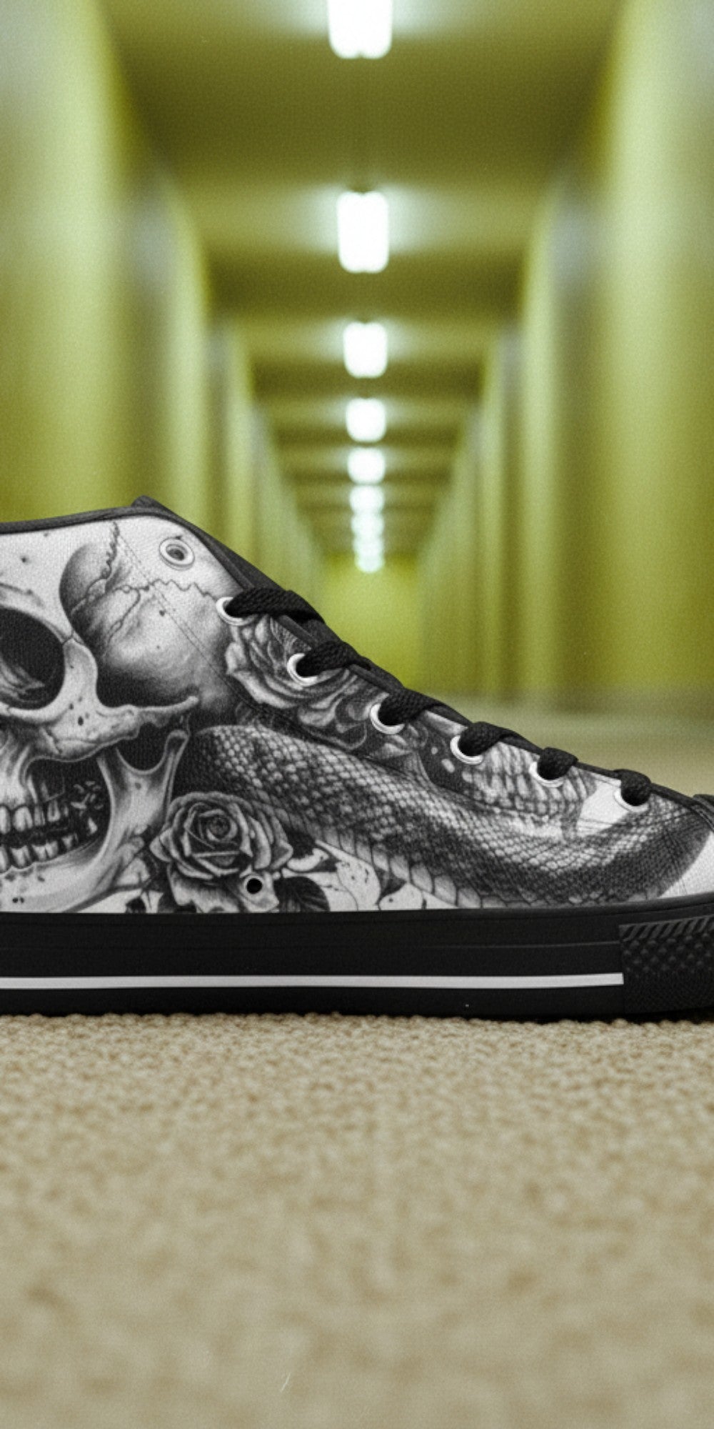 Men's Grey Skull Goth Dark high-top canvas shoes — one-of-a-kind custom printed art, Freaky Shoes