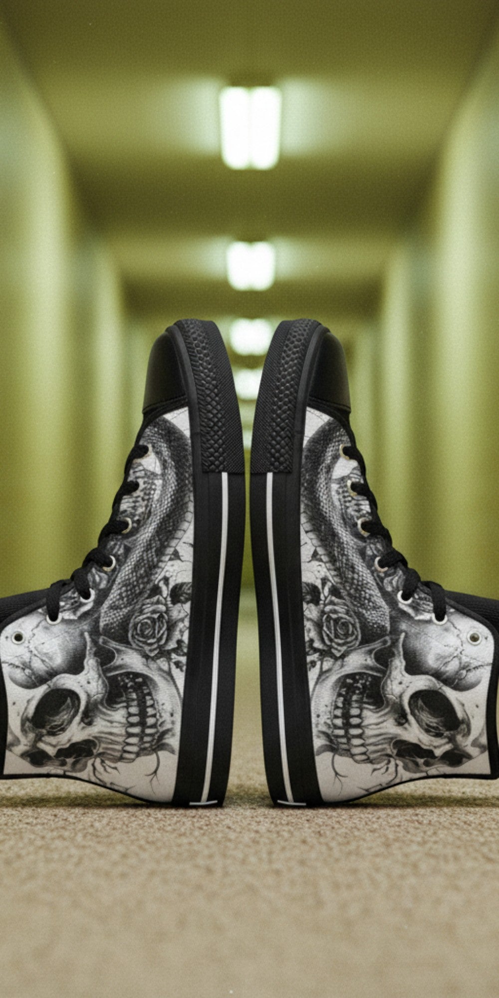 Men's Grey Skull Goth Dark high-top canvas shoes, custom full-wrap printed design — Freaky Shoes