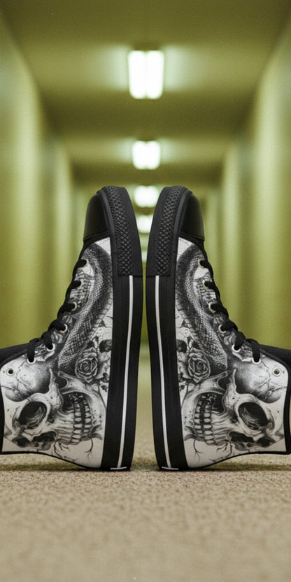 Men's Grey Skull Goth Dark high-top canvas shoes, custom full-wrap printed design — Freaky Shoes