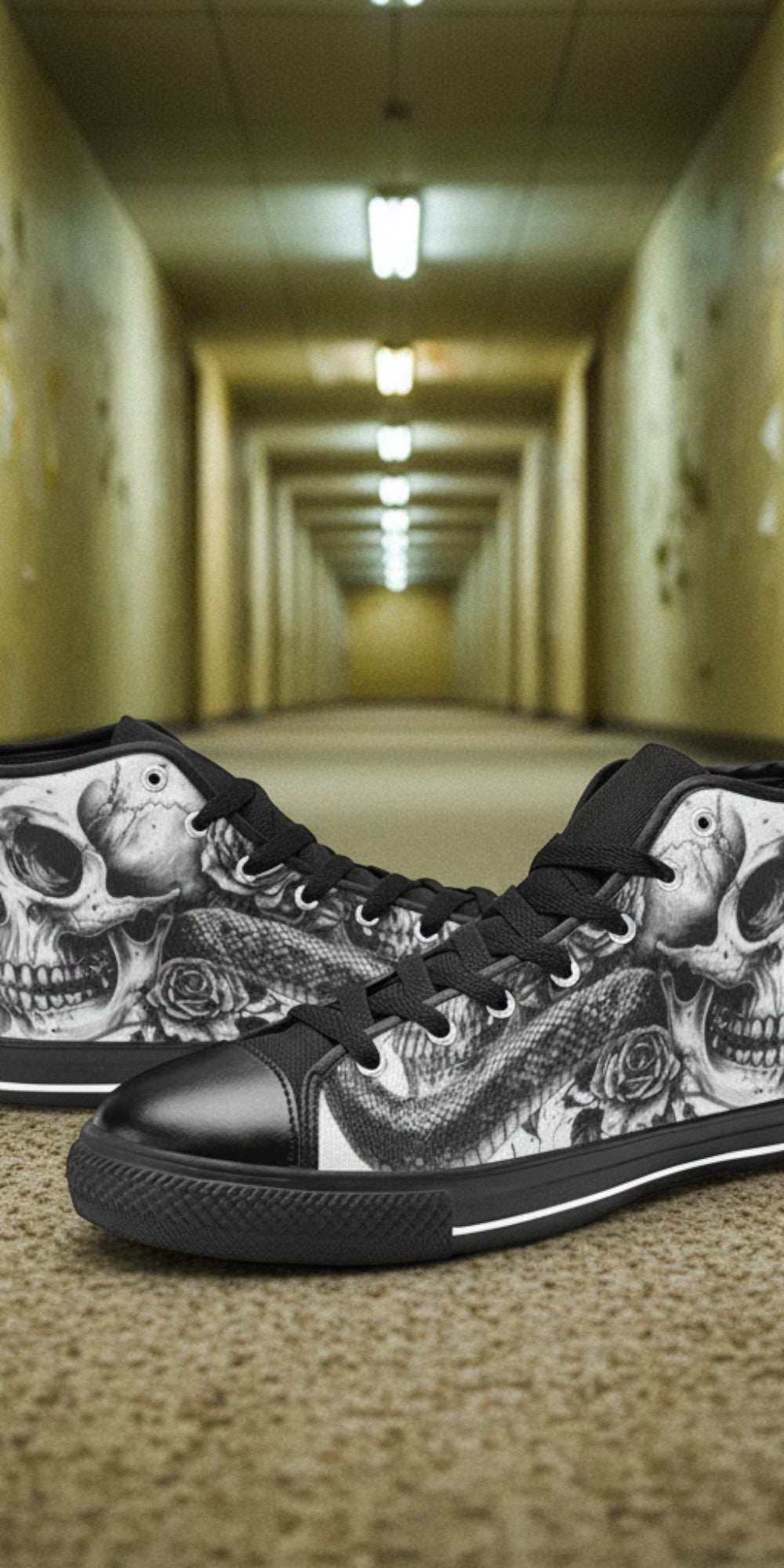 Custom Men's Grey Skull Goth Dark high-top canvas shoes with bold all-over art — Freaky Shoes