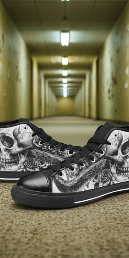 Custom Men's Grey Skull Goth Dark high-top canvas shoes with bold all-over art — Freaky Shoes