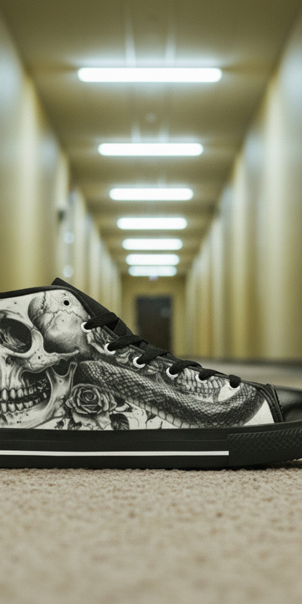 Men's Grey Skull Goth Dark high-top canvas shoes — one-of-a-kind custom printed art, Freaky Shoes