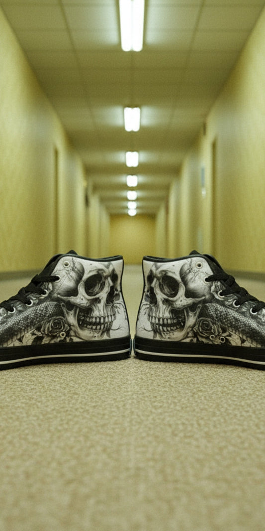 Freaky Shoes® grey butterfly skull high top canvas sneakers with black laces and rubber soles in a hallway.