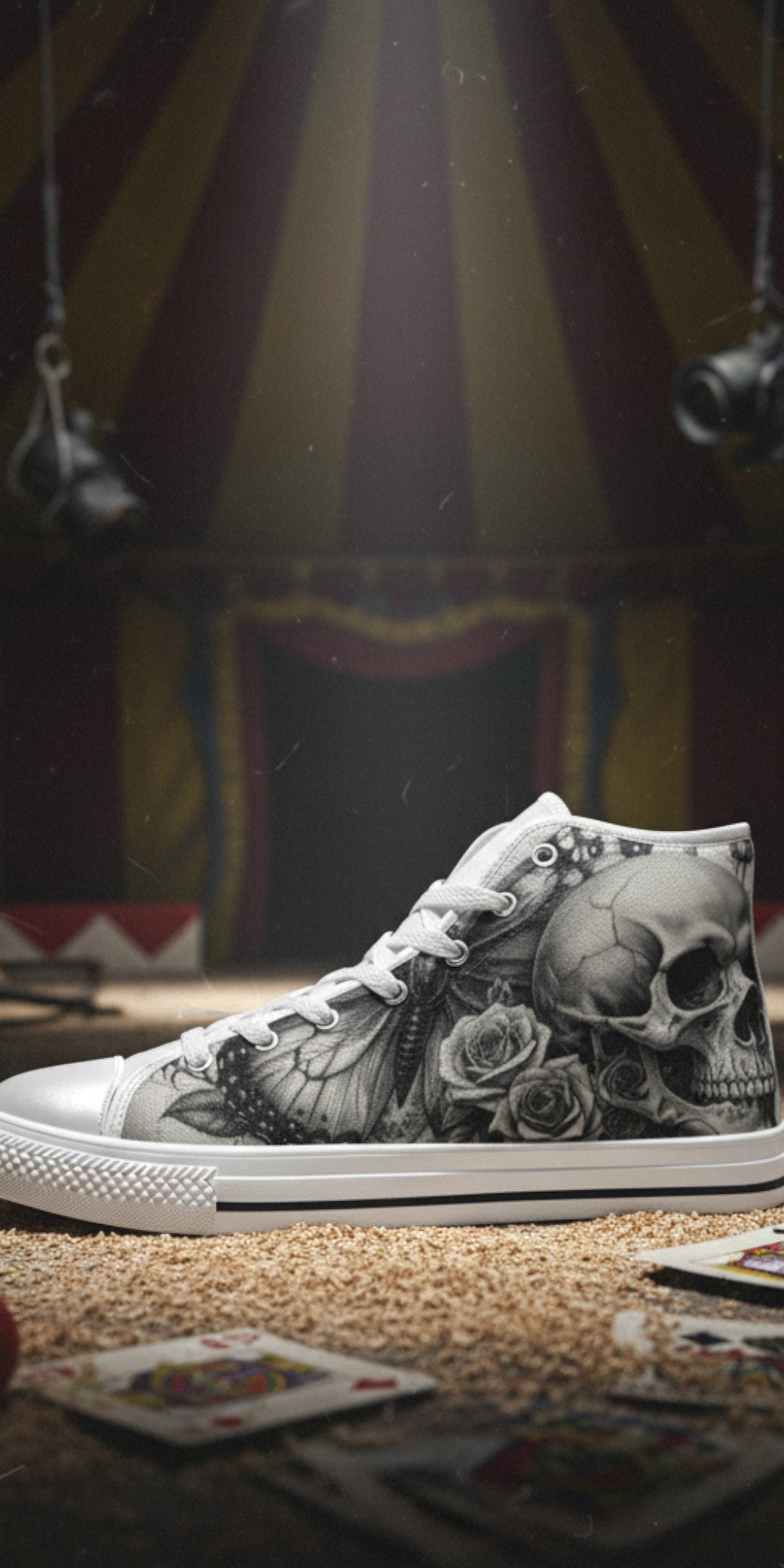 Women's Grey Moon Skull Goth Dark high-top canvas shoes, custom full-wrap printed design — Freaky Shoes