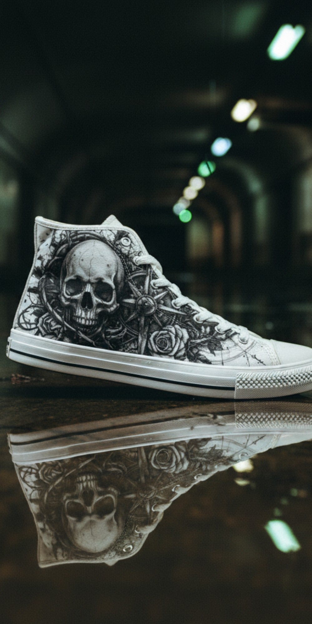 Custom Women's Grey Skull Dark Art Gothic high-top canvas shoes with bold all-over art — Freaky Shoes