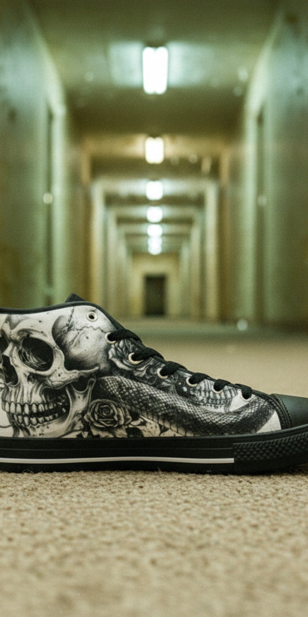 Men's Grey Skull Goth Dark hand-made high-top canvas shoes — unique wearable art by Freaky Shoes