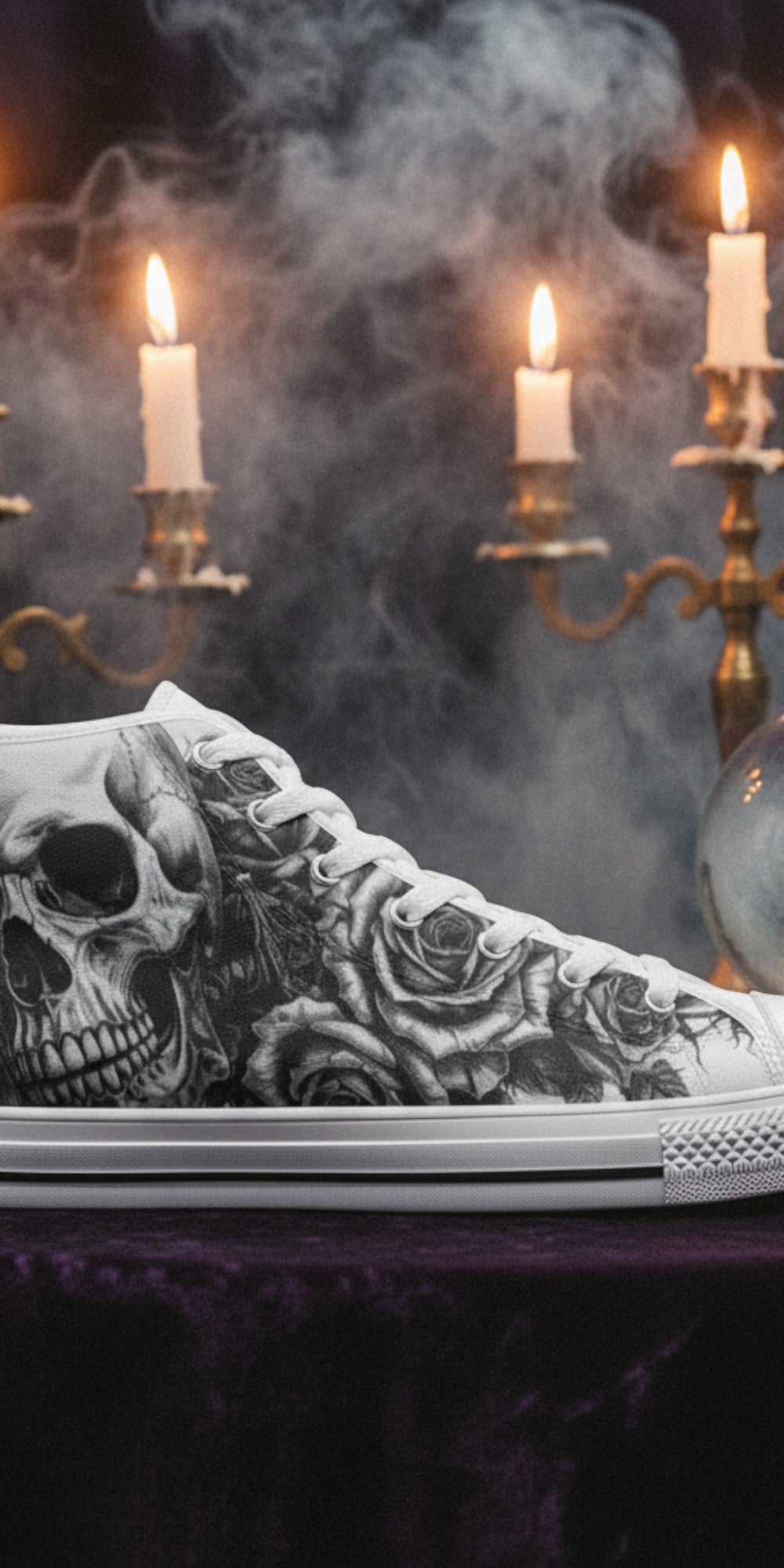 Women's Grey Monochrome Skull Gothic high-top canvas shoes, custom full-wrap printed design — Freaky Shoes