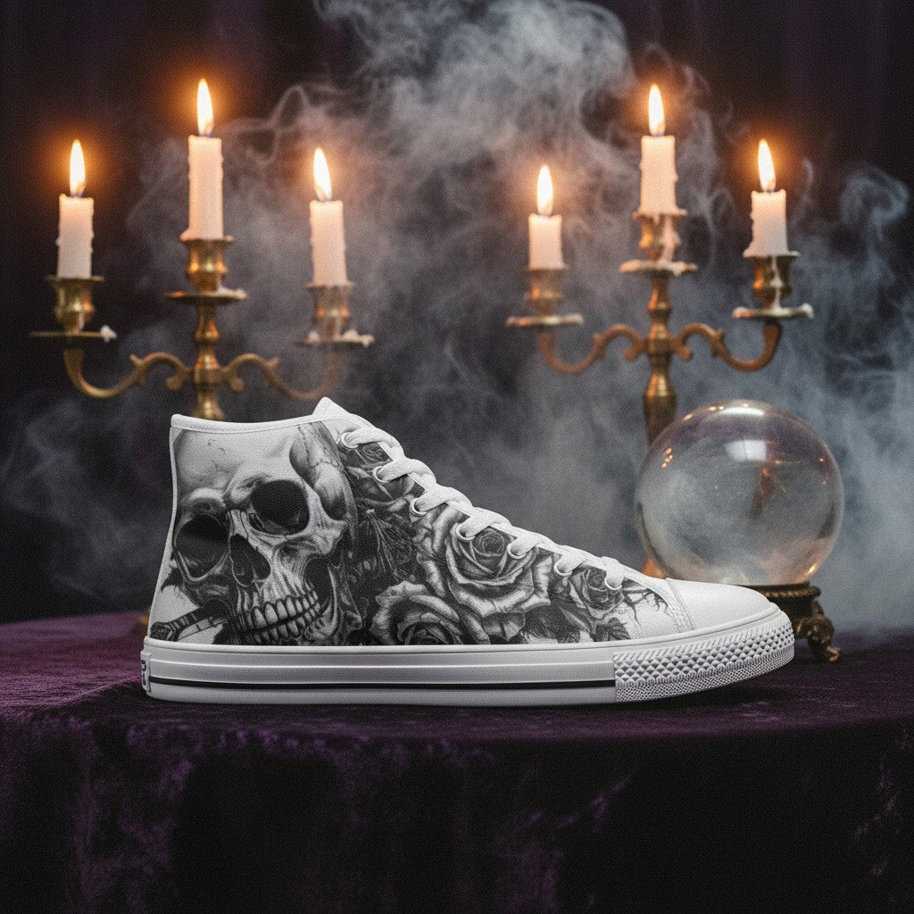 Women's Grey Monochrome Skull Gothic high-top canvas shoes — one-of-a-kind custom printed art, Freaky Shoes