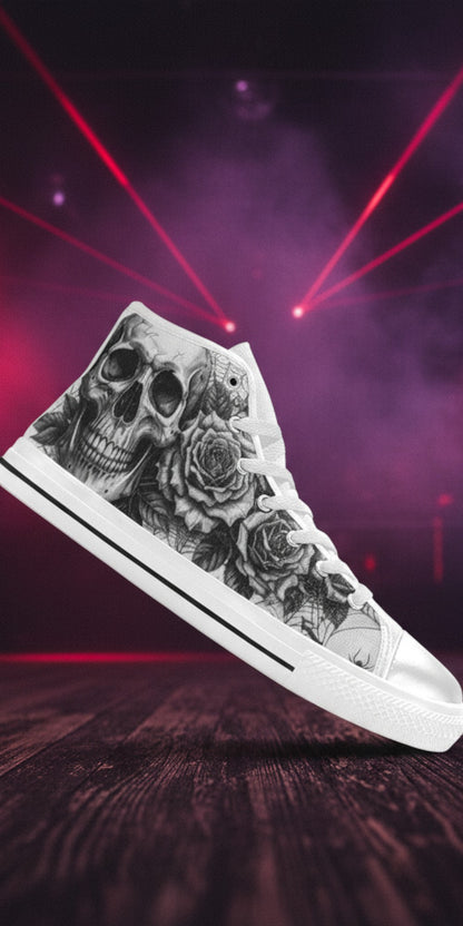 Women's Grey Dark Art Skull Goth high-top canvas shoes — one-of-a-kind custom printed art, Freaky Shoes