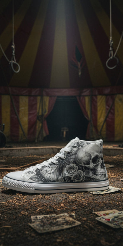 Custom Women's Grey Moon Skull Goth Dark high-top canvas shoes with bold all-over art — Freaky Shoes