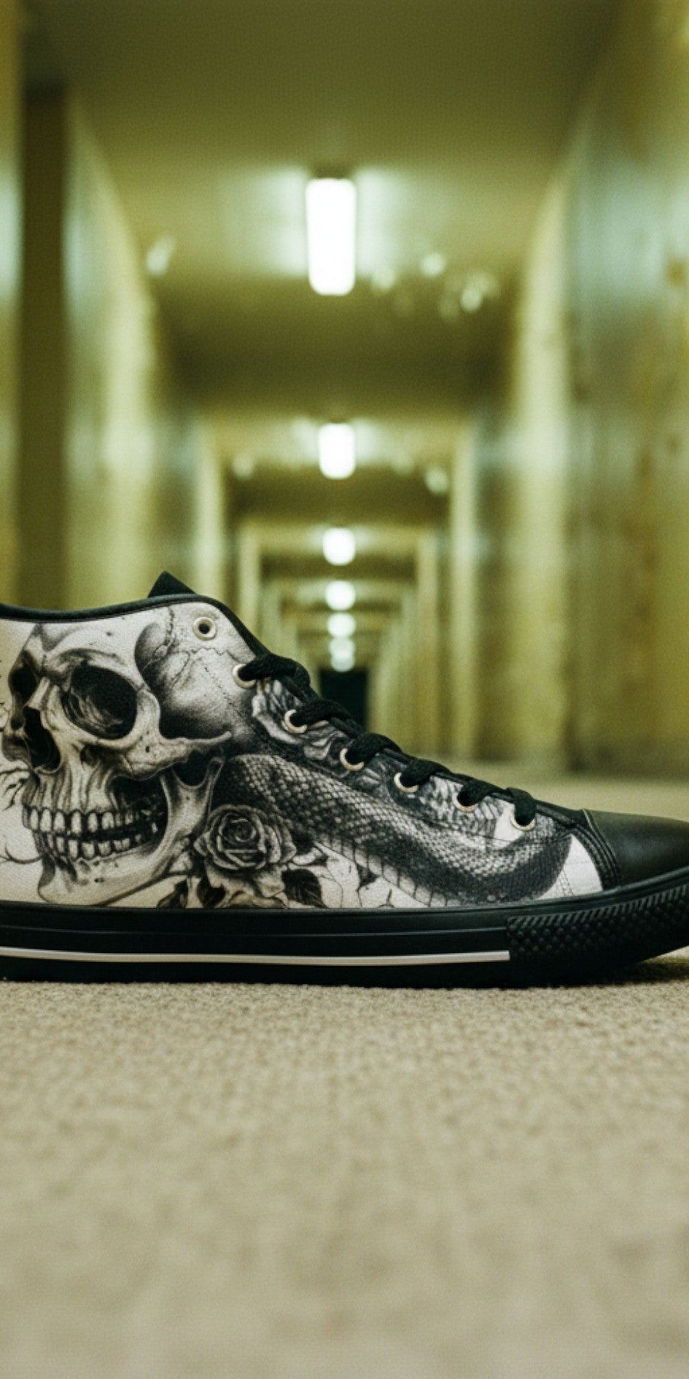 Men's Grey Skull Goth Dark high-top canvas shoes, custom full-wrap printed design — Freaky Shoes
