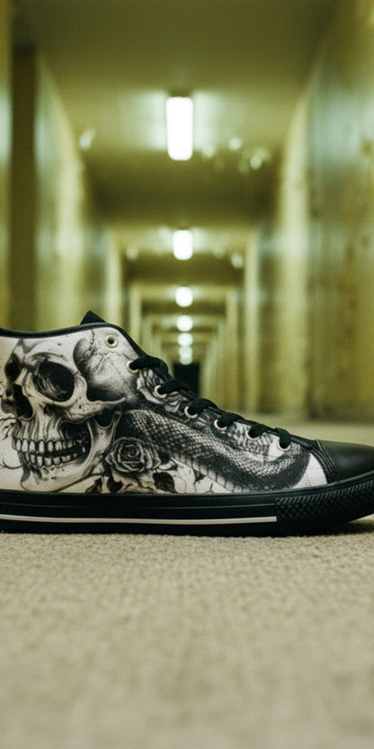 Men's Grey Skull Goth Dark high-top canvas shoes, custom full-wrap printed design — Freaky Shoes