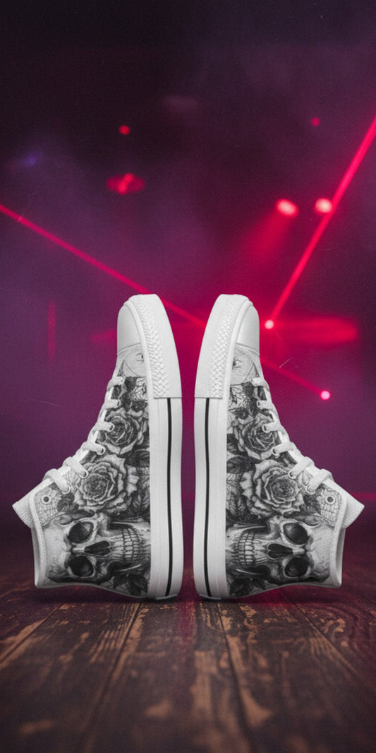 Freaky Shoes® grey canvas high top sneakers featuring a dark art skull and rose print on a wooden floor background.