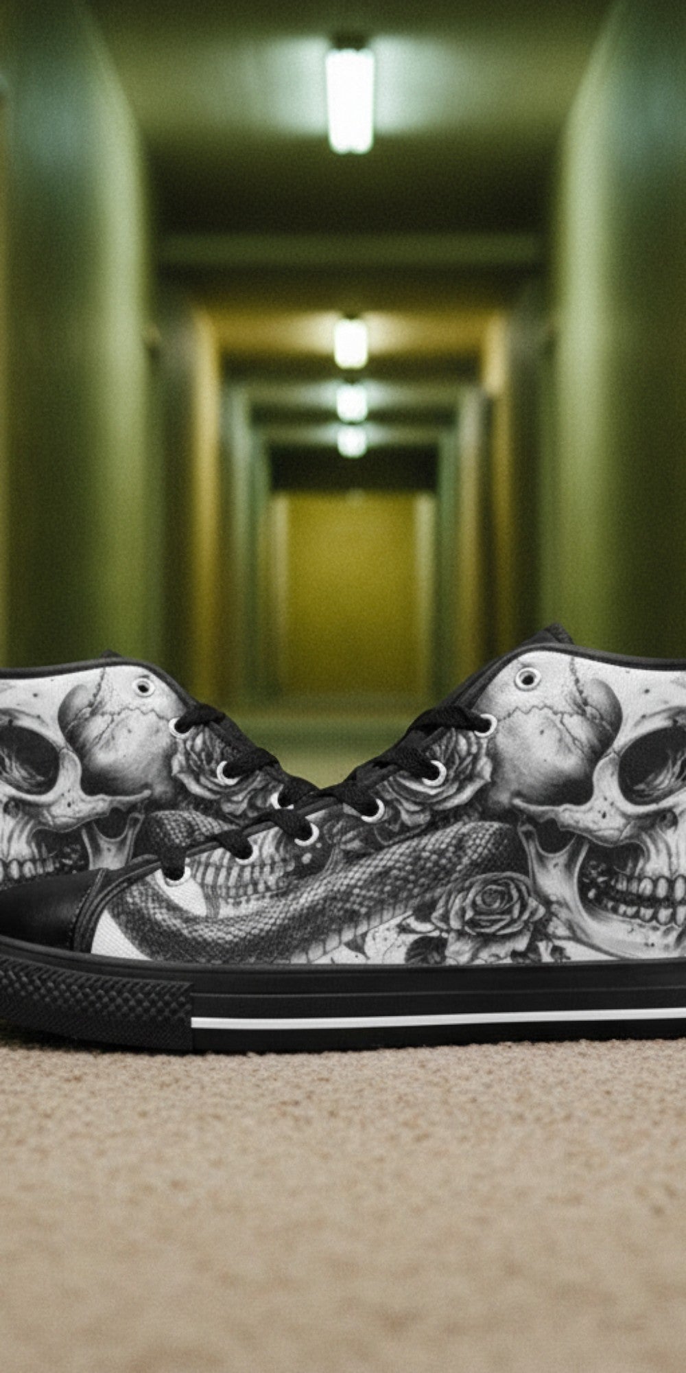 Custom Men's Grey Skull Goth Dark high-top canvas shoes with bold all-over art — Freaky Shoes