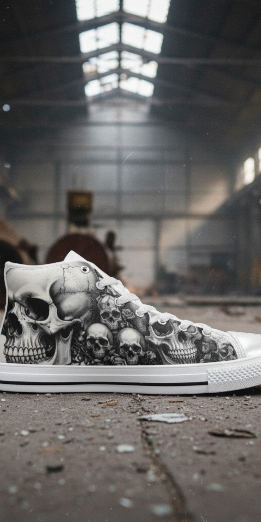 Men's Grey Skull Gothic Dark Art high-top canvas shoes — one-of-a-kind custom printed art, Freaky Shoes