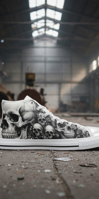Men's Grey Skull Gothic Dark Art high-top canvas shoes — one-of-a-kind custom printed art, Freaky Shoes
