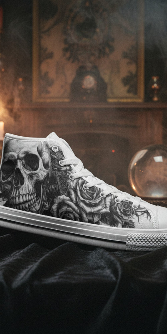 Women's Grey Monochrome Skull Gothic custom high-top canvas shoes — wearable art by Freaky Shoes