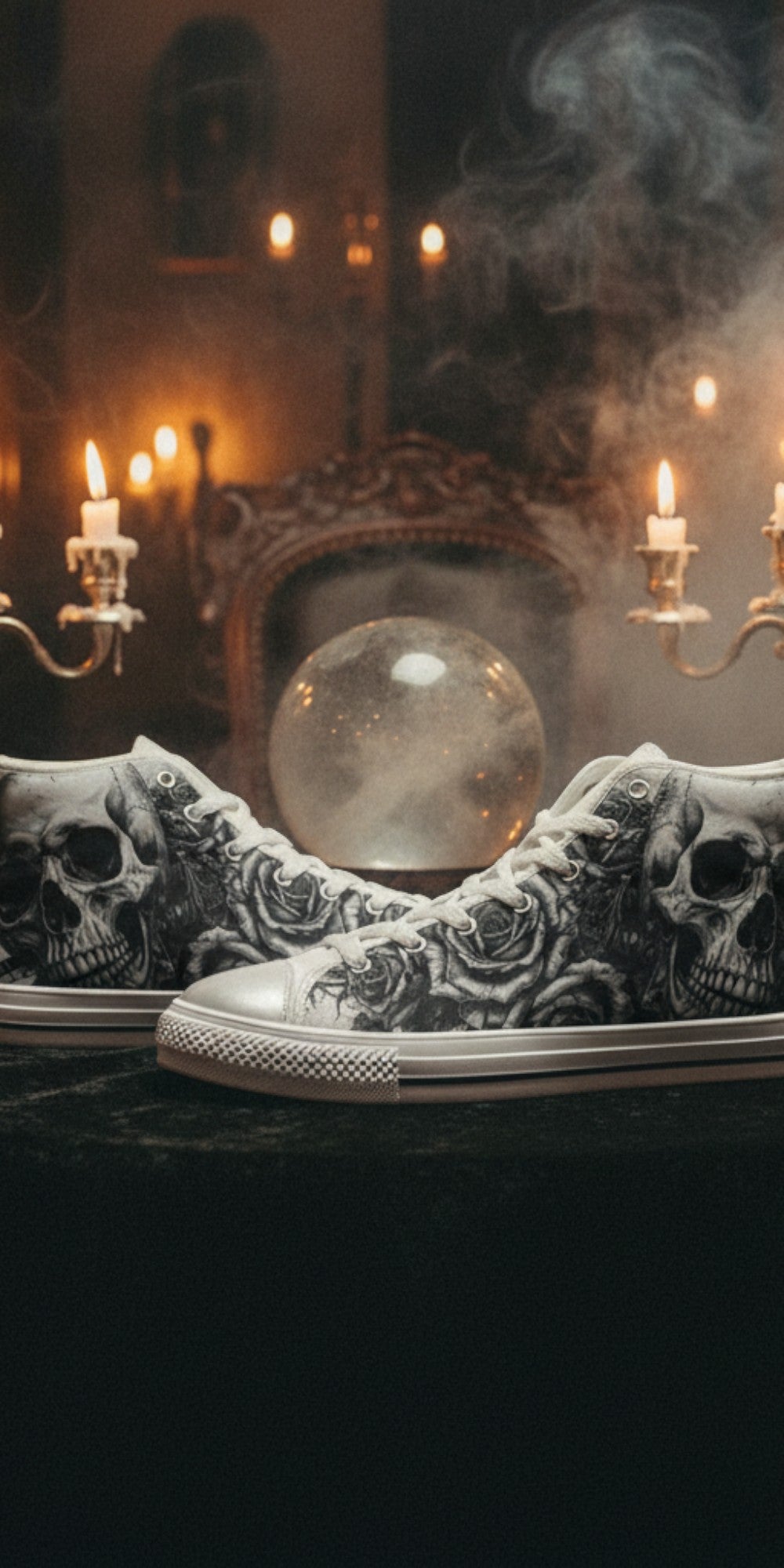 Women's Grey Monochrome Skull Gothic high-top canvas shoes — one-of-a-kind custom printed art, Freaky Shoes