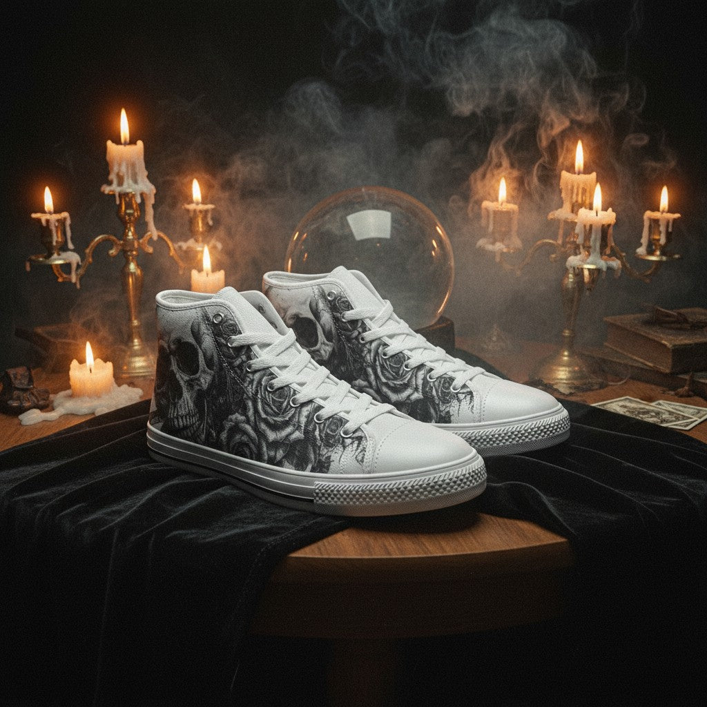 Custom Women's Grey Monochrome Skull Gothic high-top canvas shoes with bold all-over art — Freaky Shoes