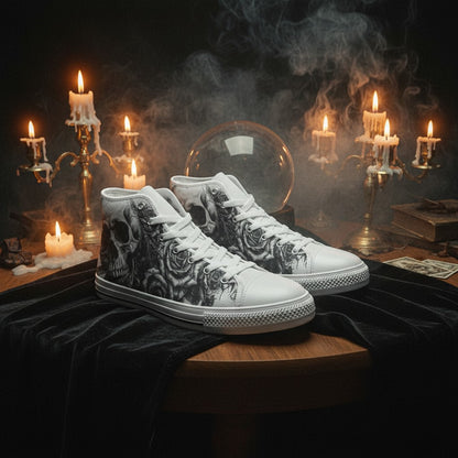 Custom Women's Grey Monochrome Skull Gothic high-top canvas shoes with bold all-over art — Freaky Shoes