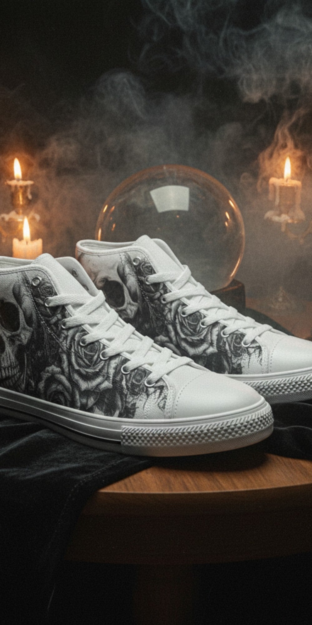Women's Grey Monochrome Skull Gothic hand-made high-top canvas shoes — unique wearable art by Freaky Shoes