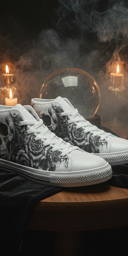 Women's Grey Monochrome Skull Gothic hand-made high-top canvas shoes — unique wearable art by Freaky Shoes