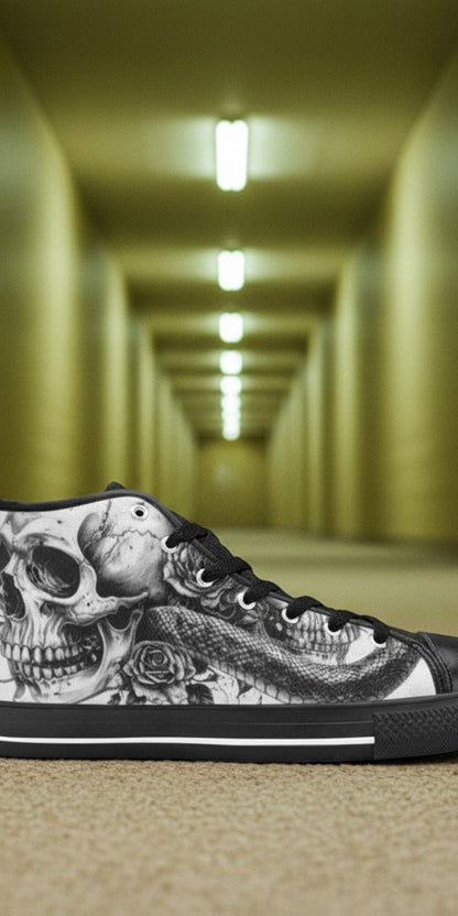 Men's Grey Skull Goth Dark hand-made high-top canvas shoes — unique wearable art by Freaky Shoes