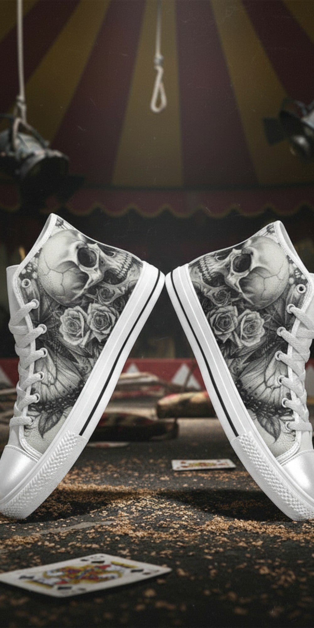 Women's Grey Moon Skull Goth Dark high-top canvas shoes — one-of-a-kind custom printed art, Freaky Shoes