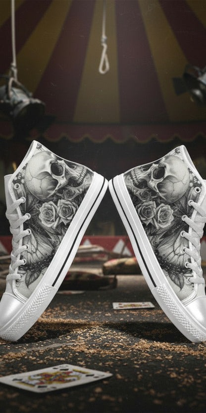 Women's Grey Moon Skull Goth Dark high-top canvas shoes — one-of-a-kind custom printed art, Freaky Shoes