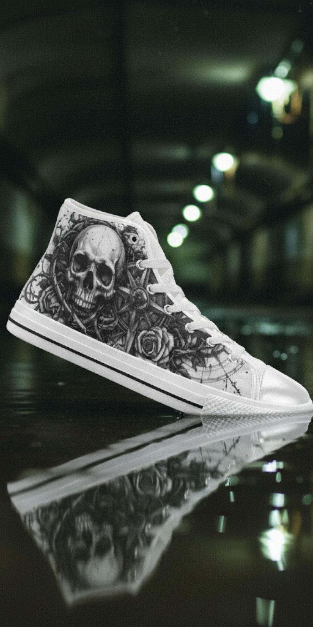 Women's Grey Skull Dark Art Gothic custom high-top canvas shoes — wearable art by Freaky Shoes