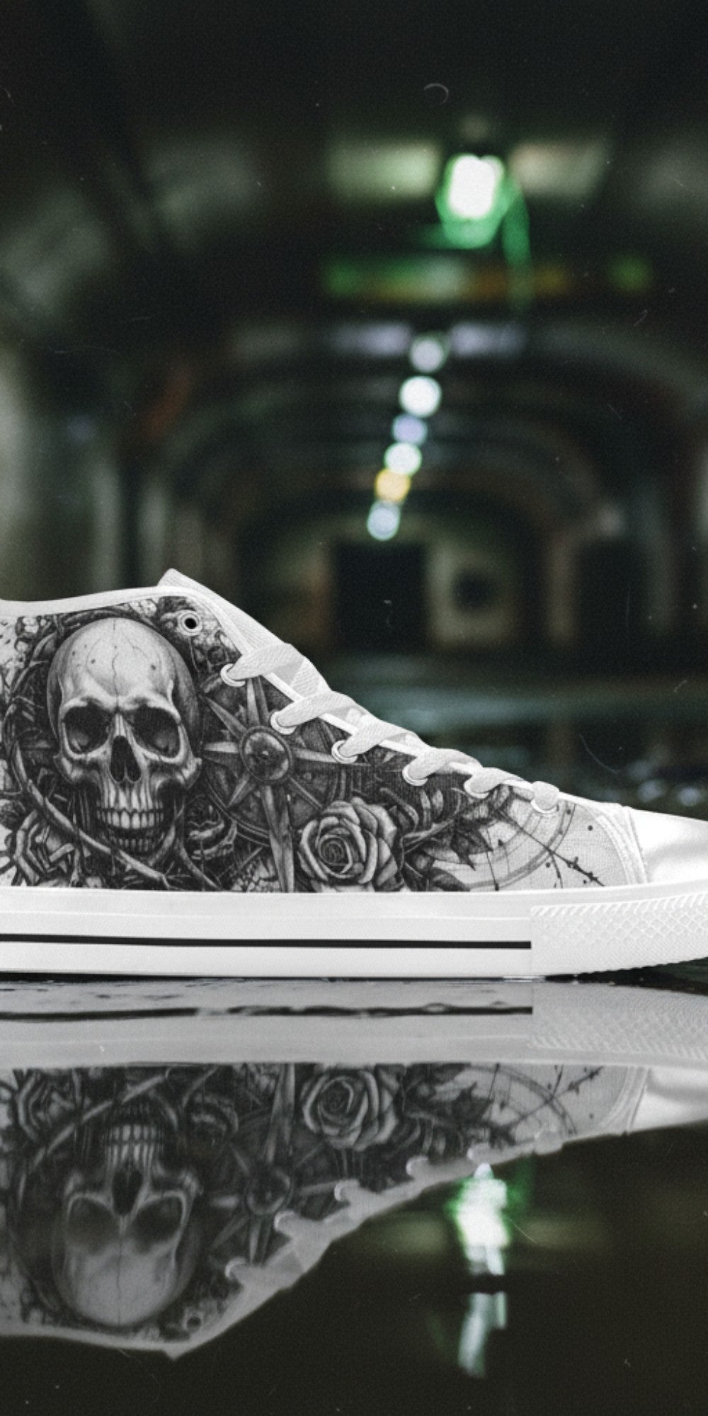 Women's Grey Skull Dark Art Gothic high-top canvas shoes, custom full-wrap printed design — Freaky Shoes
