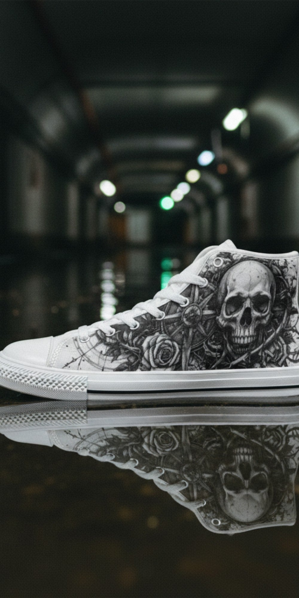 Women's Grey Skull Dark Art Gothic custom high-top canvas shoes — wearable art by Freaky Shoes