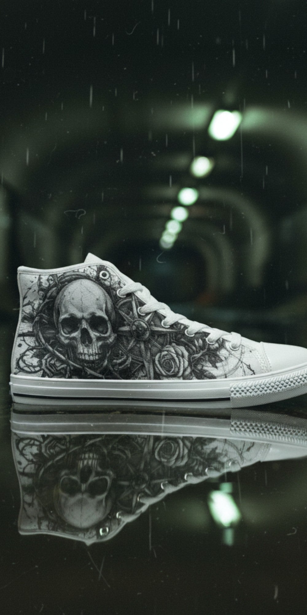Custom Women's Grey Skull Dark Art Gothic high-top canvas shoes with bold all-over art — Freaky Shoes