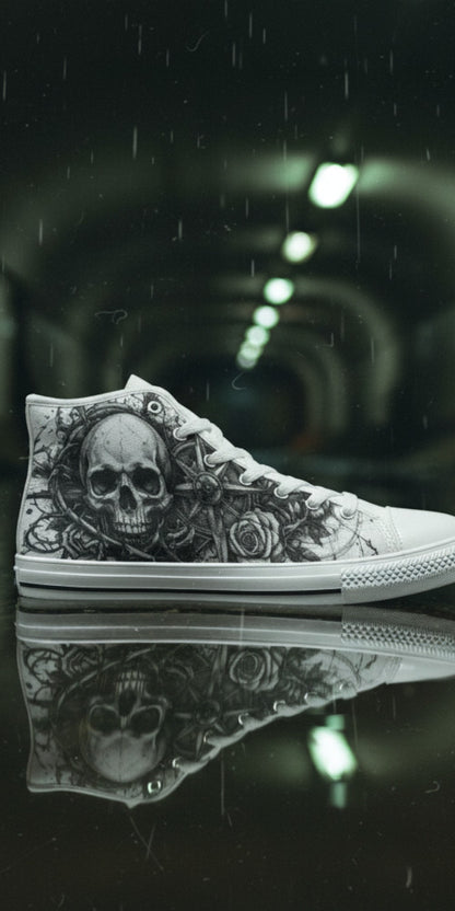 Custom Women's Grey Skull Dark Art Gothic high-top canvas shoes with bold all-over art — Freaky Shoes
