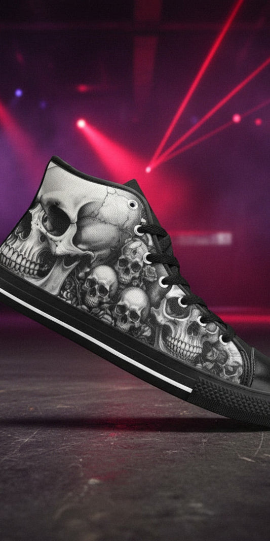 Freaky Shoes® women's gothic high top canvas sneakers featuring a detailed grey skull print and black rubber soles.