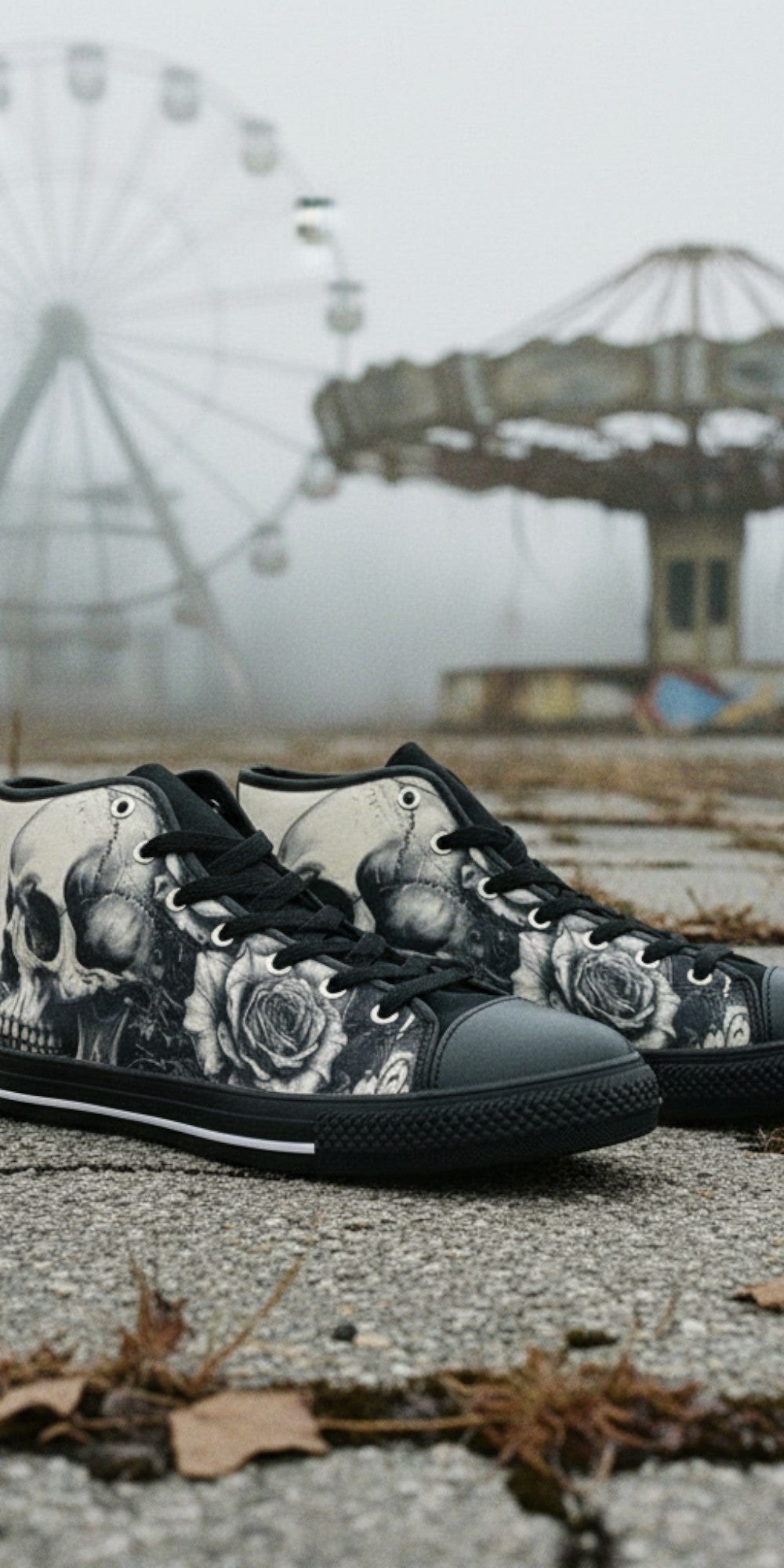 Women's Grey Skull Greyscale Gothic custom high-top canvas shoes — wearable art by Freaky Shoes