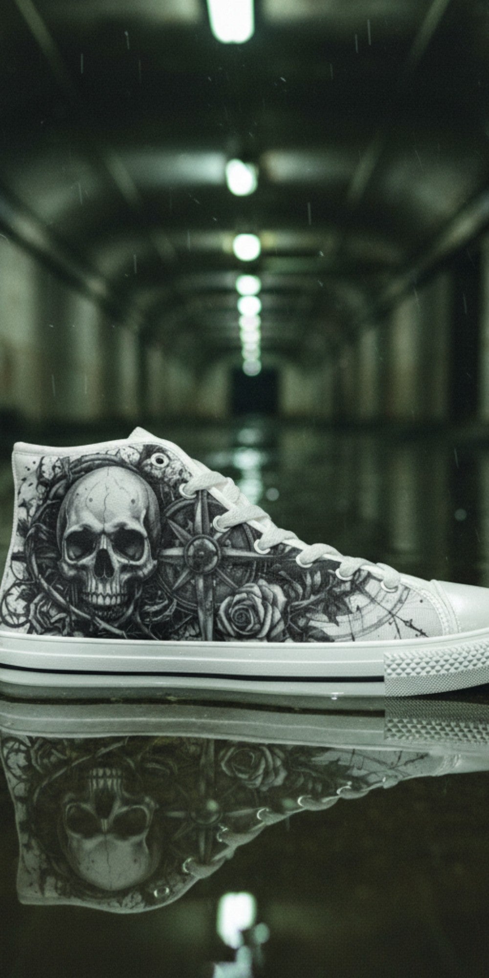 Women's Grey Skull Dark Art Gothic high-top canvas shoes — one-of-a-kind custom printed art, Freaky Shoes