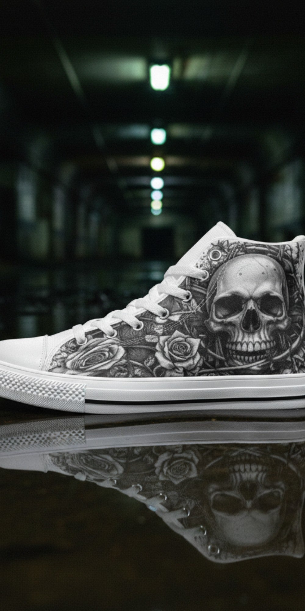 Women's Grey Skull Dark Art Gothic hand-made high-top canvas shoes — unique wearable art by Freaky Shoes