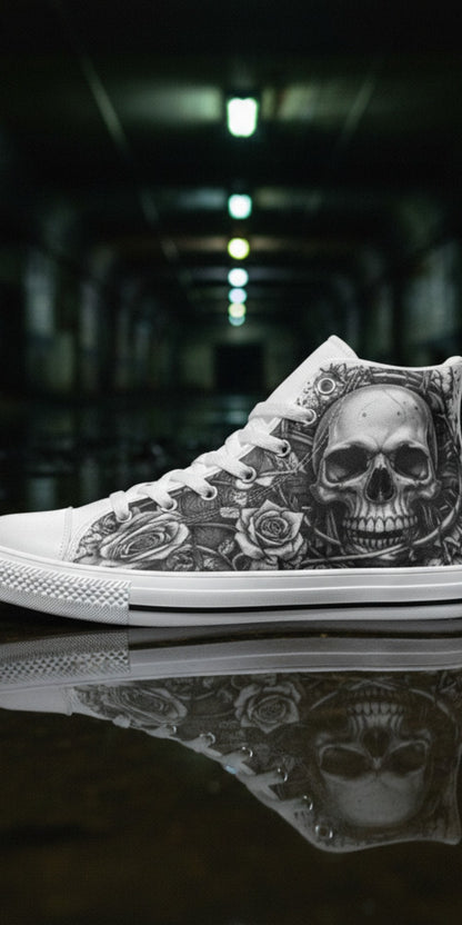 Women's Grey Skull Dark Art Gothic hand-made high-top canvas shoes — unique wearable art by Freaky Shoes