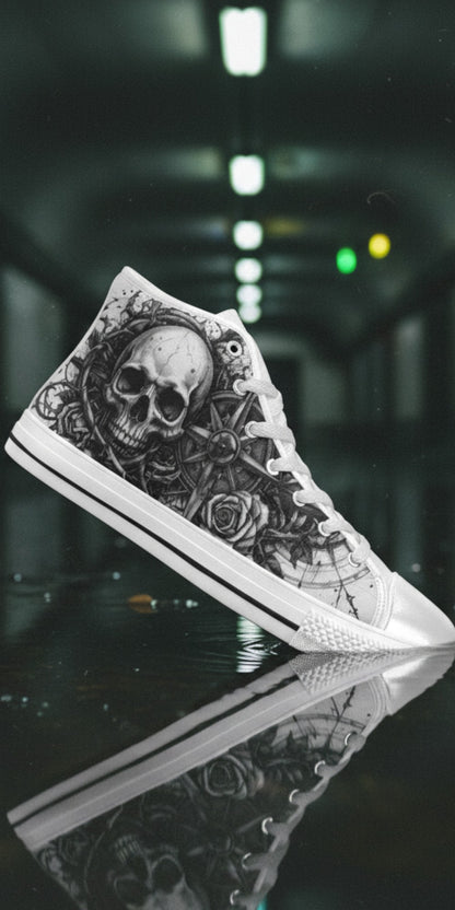 Women's Grey Skull Dark Art Gothic hand-made high-top canvas shoes — unique wearable art by Freaky Shoes