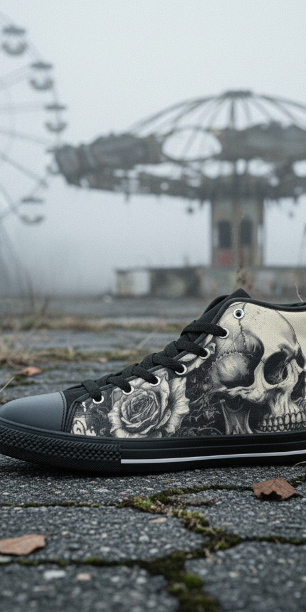 Women's Grey Skull Greyscale Gothic high-top canvas shoes, custom full-wrap printed design — Freaky Shoes