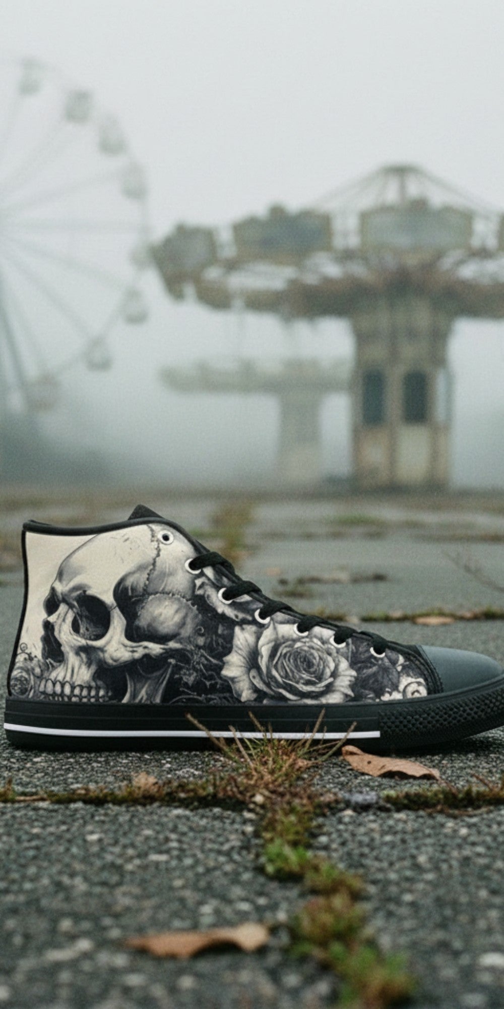 Custom Women's Grey Skull Greyscale Gothic high-top canvas shoes with bold all-over art — Freaky Shoes
