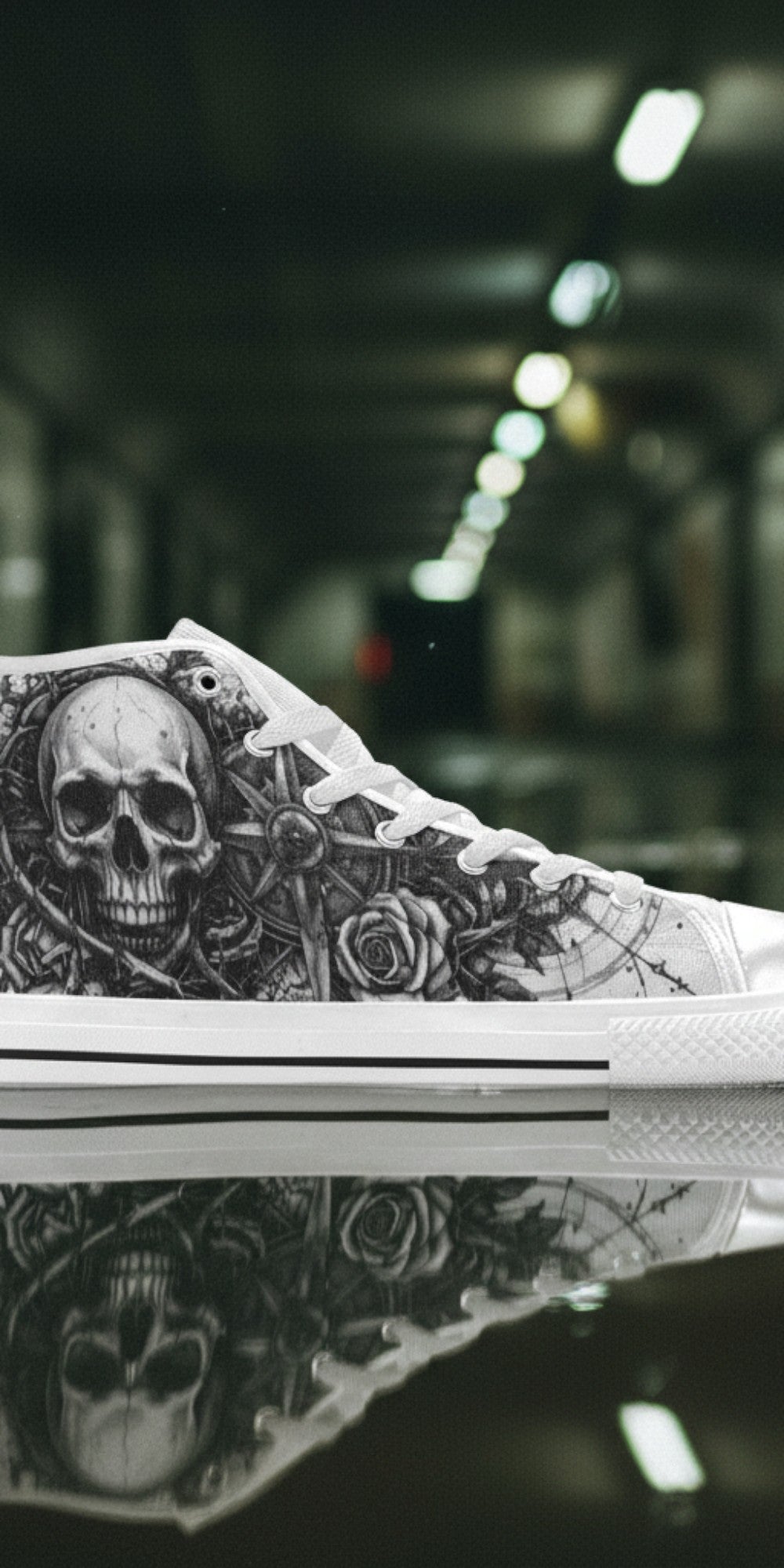 Custom Women's Grey Skull Dark Art Gothic high-top canvas shoes with bold all-over art — Freaky Shoes