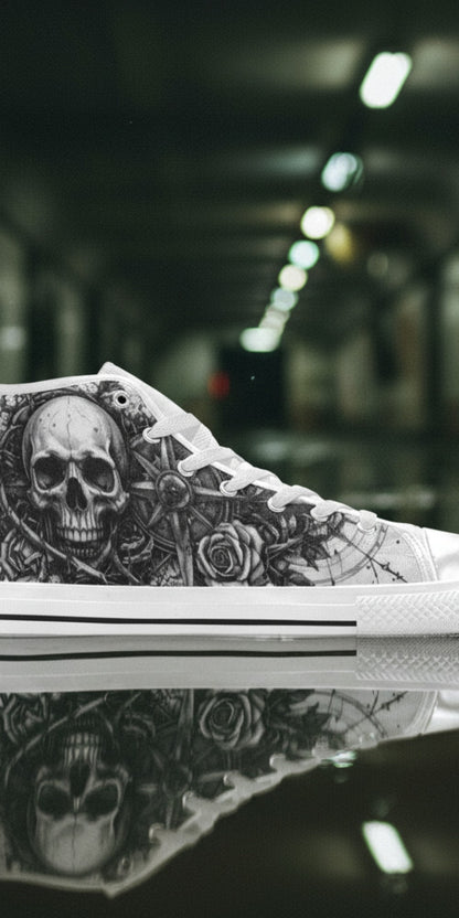 Custom Women's Grey Skull Dark Art Gothic high-top canvas shoes with bold all-over art — Freaky Shoes